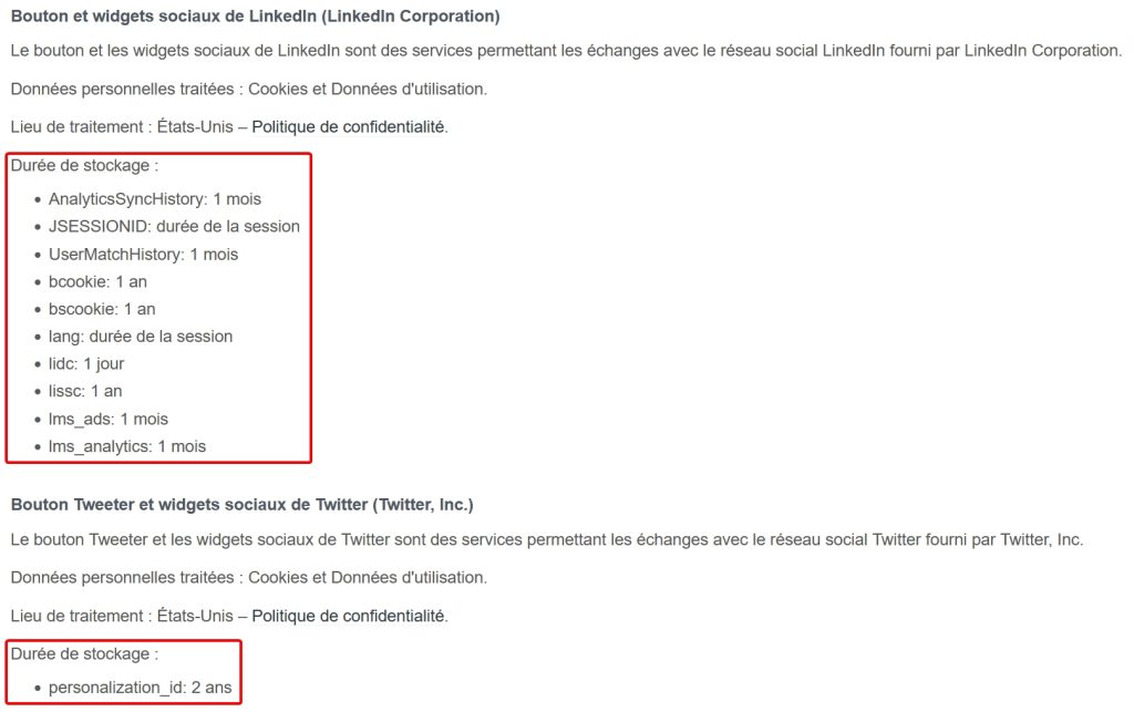 Exemple de mention explicitant à l'utilisateur la durée de conversation des données