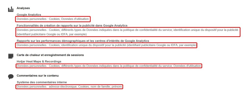 Exemple RGPD : liste des données collectées