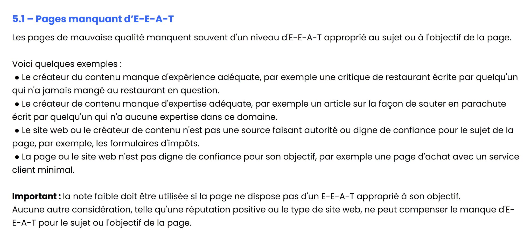 Exemple : guide d'évaluation pour les pages avec faible E-E-A-T