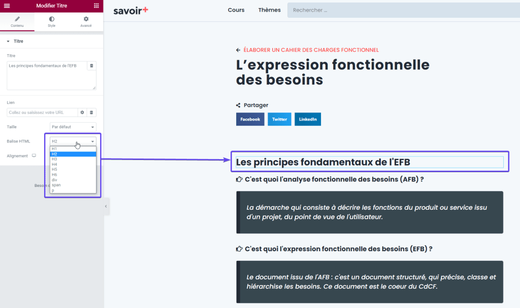 Exemple d'interface graphique sur WordPress pour placer les mots clés dans les balises titres