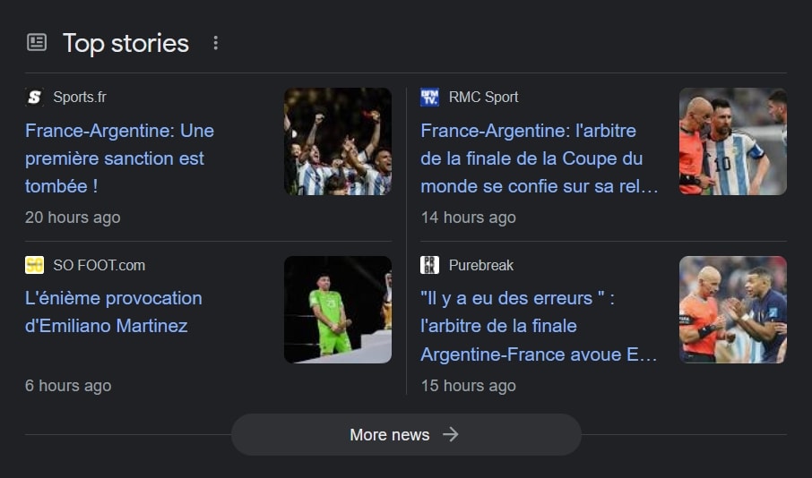Exemple de fonctionnalités des SERP Google : Google News