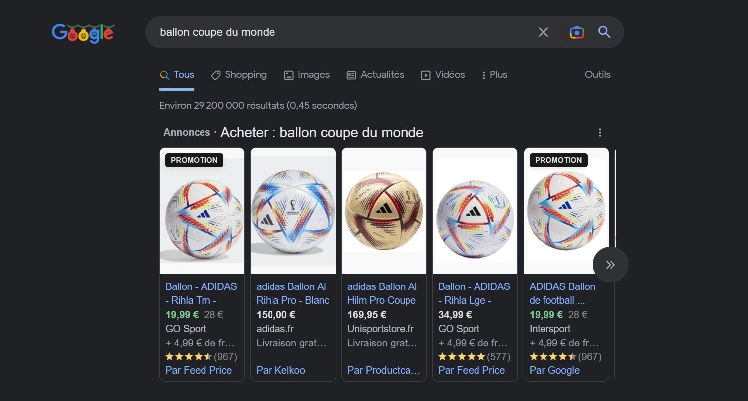 Exemple de fonctionnalités des SERP Google : Google Shopping