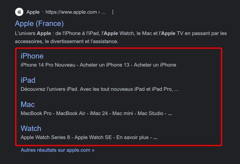 Exemple de fonctionnalités des SERP Google : les sitelinks