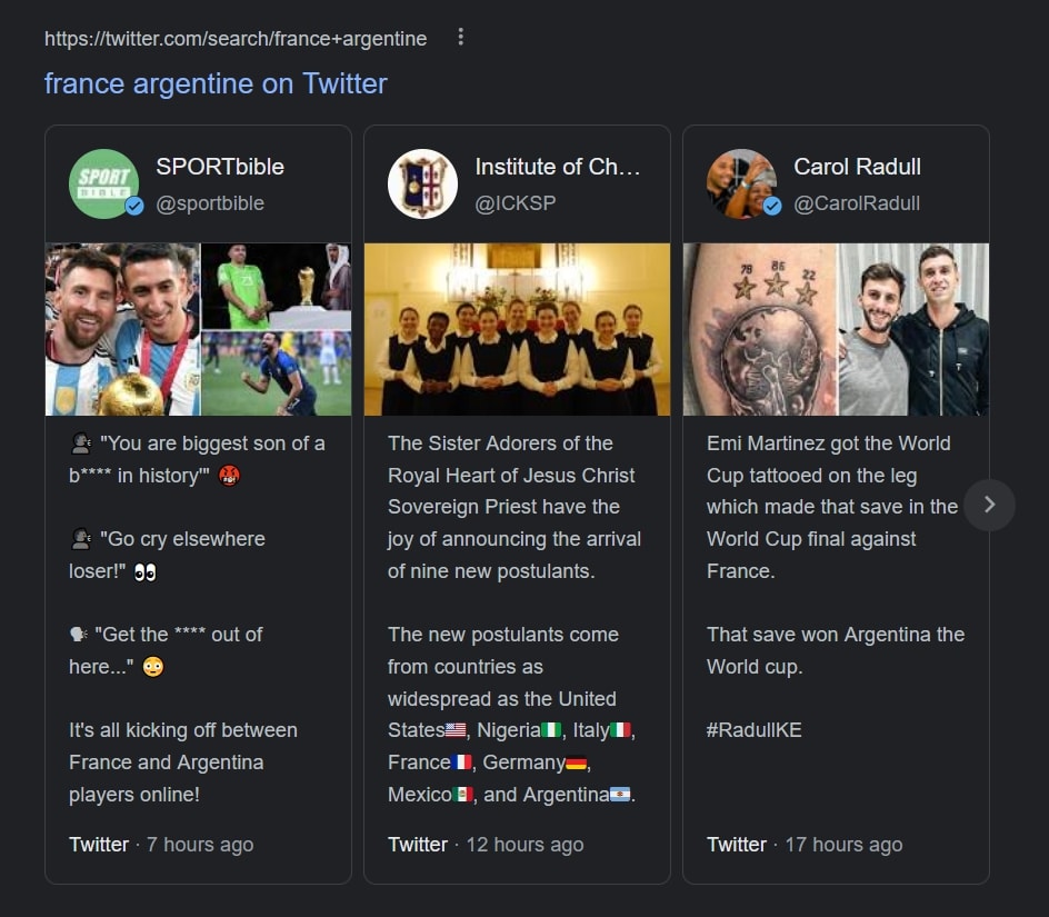 Exemple de fonctionnalités des SERP Google : Le bloc tweet