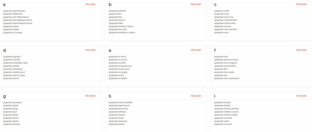 Exemples de mots-clés suggérés par Answerthepublic pour la requête source gingembre