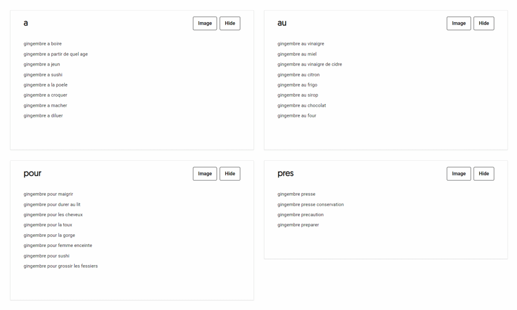 Exemples de mots-clés suggérés par Answerthepublic pour la requête source gingembre