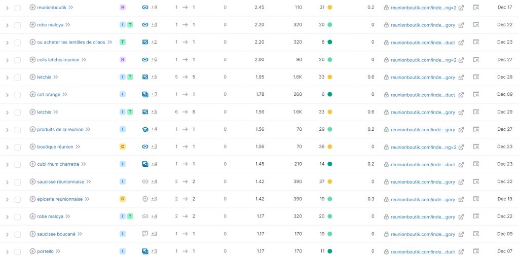 La liste des mots-clés retournés par Semrush pour un site donné.