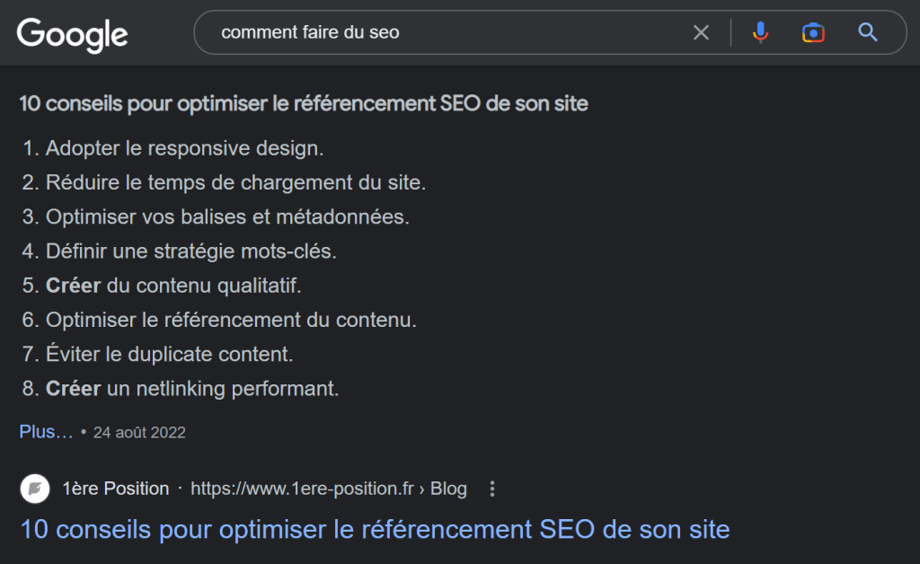 Un exemple de SERP Google pour la requête "Comment faire du SEO"