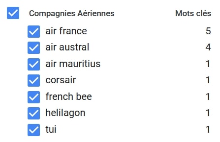 Exemples de catégorie de mots-clés suggérées par Google Keyword Planner
