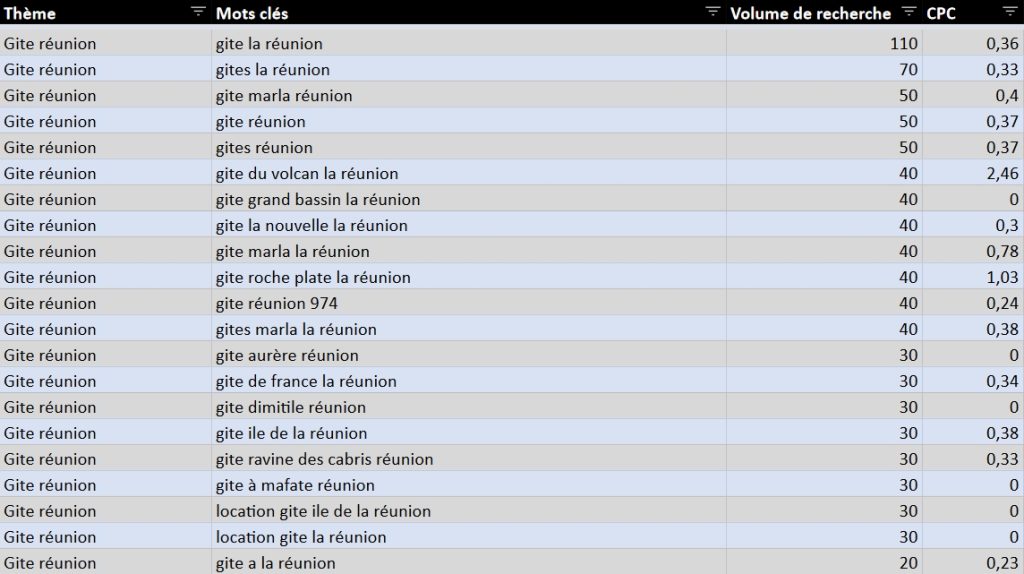Extrait des mots-clés identifiés autour du thème "gite réunion"