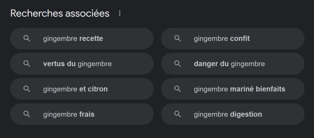 Exemples de mots-clés suggérés par Google dans les recherches associées