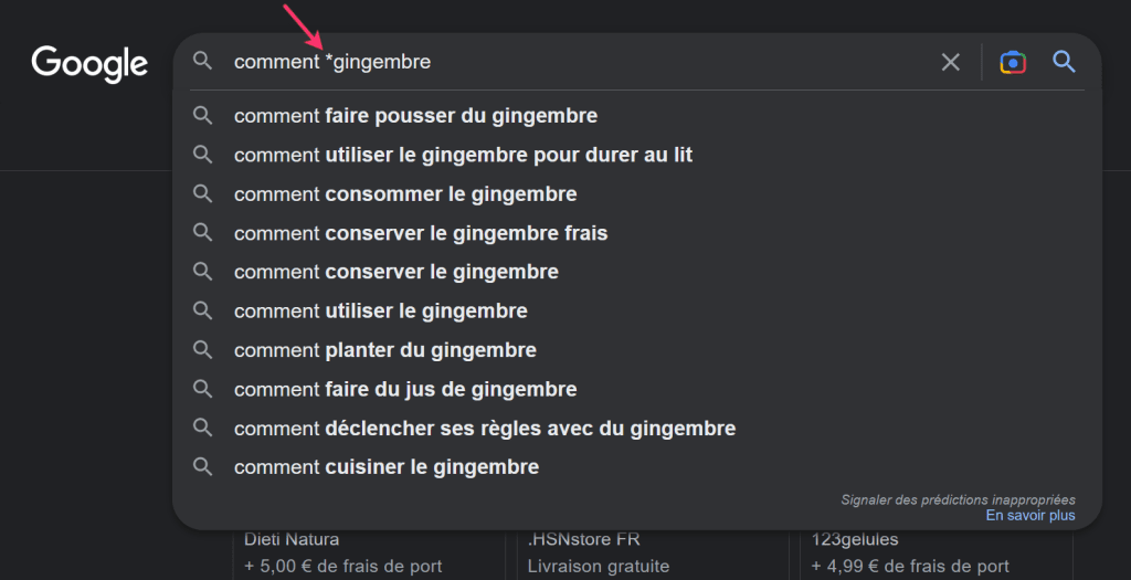Exemples de mots-clés suggérés par Google dans les recherches suggérées