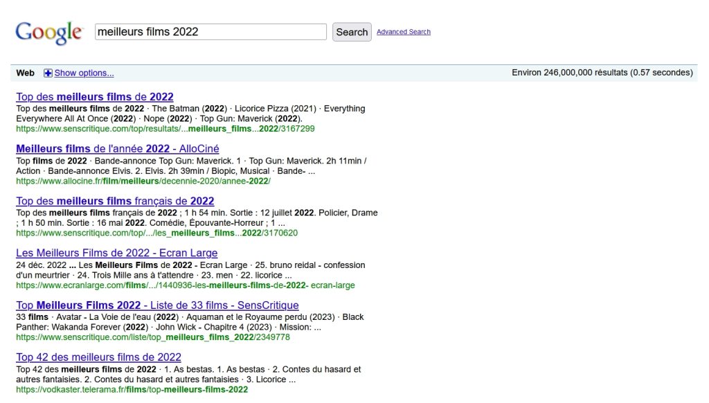 Exemple de page de résultats sans sémantiques