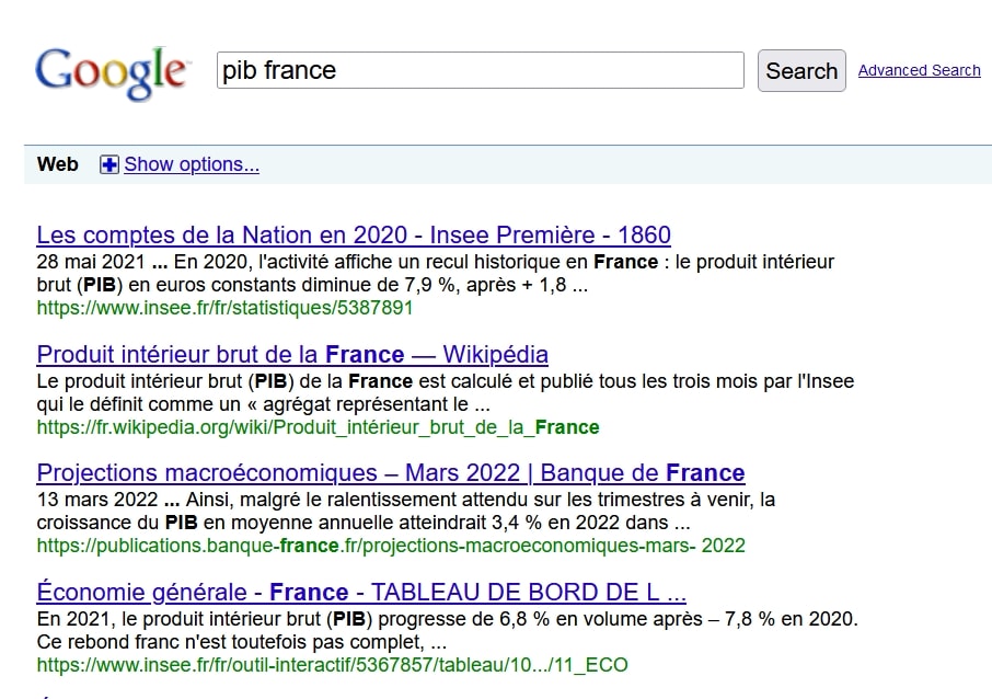 Exemple de page de résultats sans sémantiques