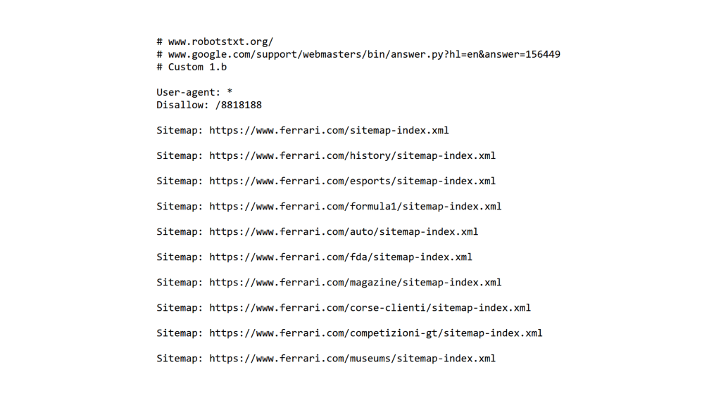 Ferrari qui liste les urls de ses différents sitemaps sur son fichier robots.txt
